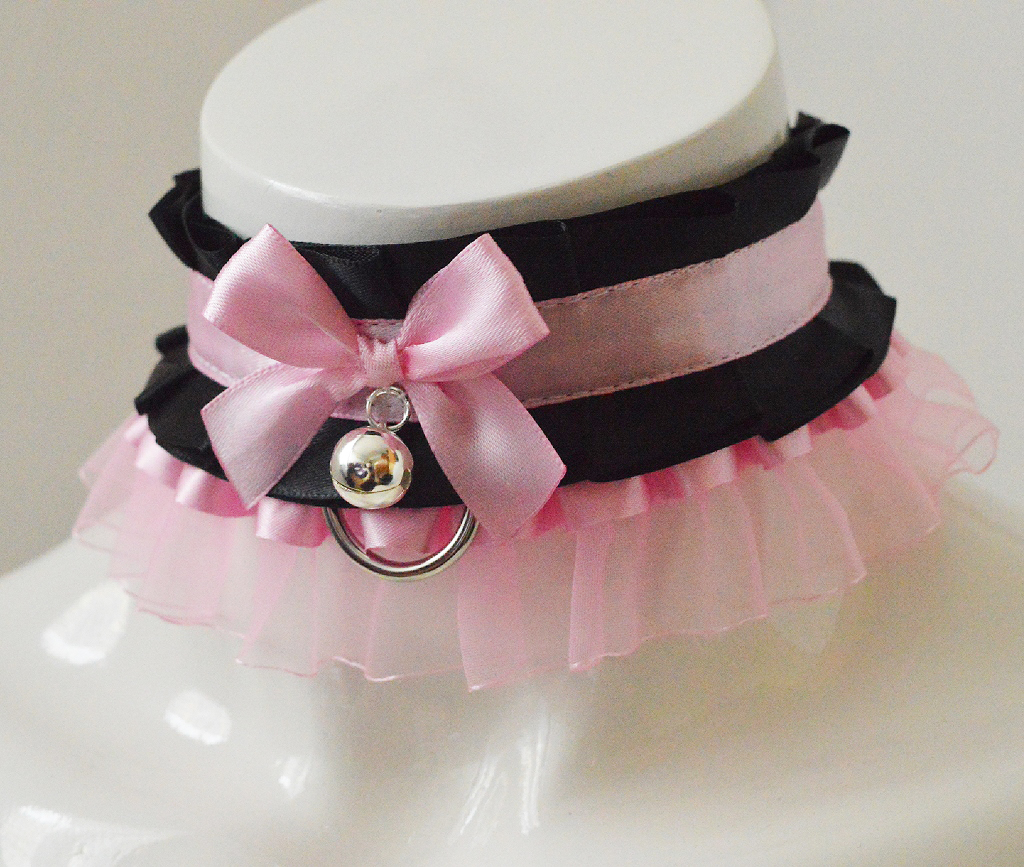 Made to Order - Kitten play collar - Hidden darkness - black pastel pink choker w/ bell and leash ring - Image 2