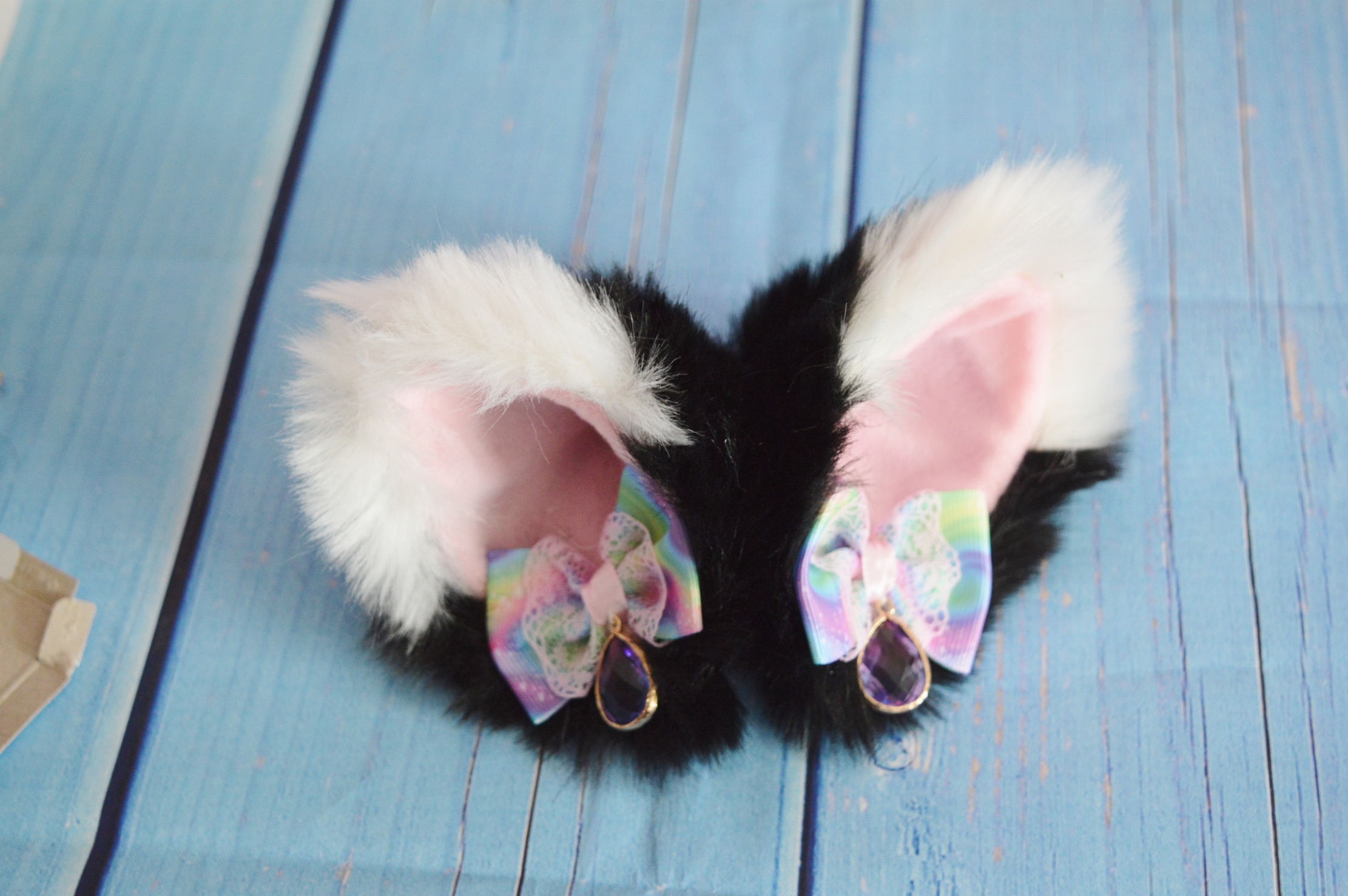 MtO Kitten play clip on cat ears w/ bows - Pastel neko lolita cosplay costume ears - kitten play gear accessories - Black & White - Image 5