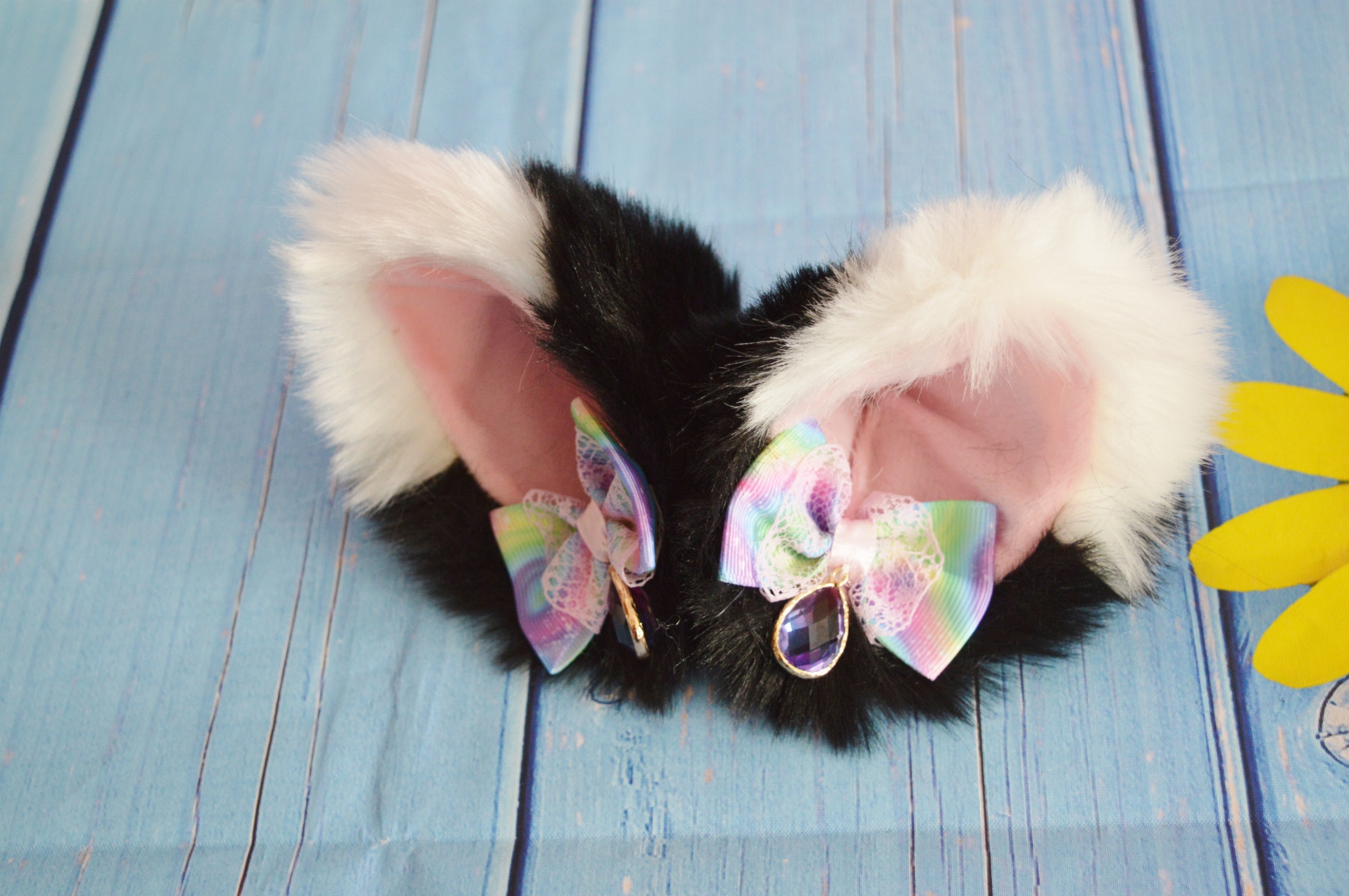 MtO Kitten play clip on cat ears w/ bows - Pastel neko lolita cosplay costume ears - kitten play gear accessories - Black & White - Image 7