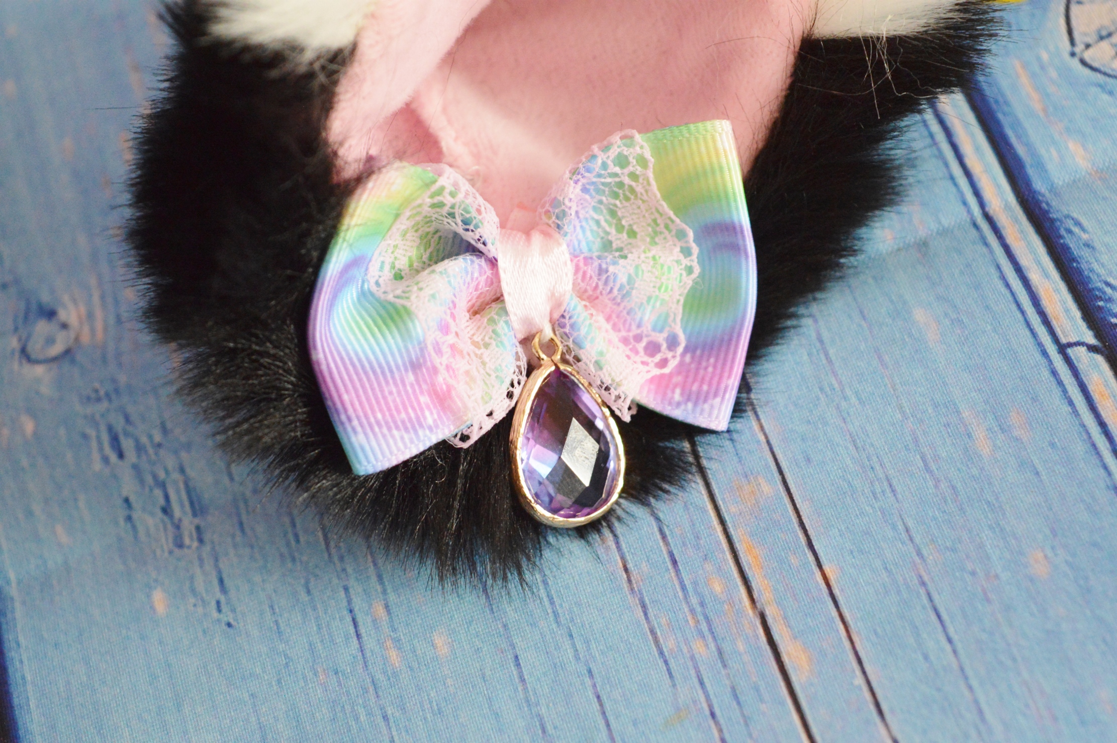 MtO Kitten play clip on cat ears w/ bows - Pastel neko lolita cosplay costume ears - kitten play gear accessories - Black & White - Image 2