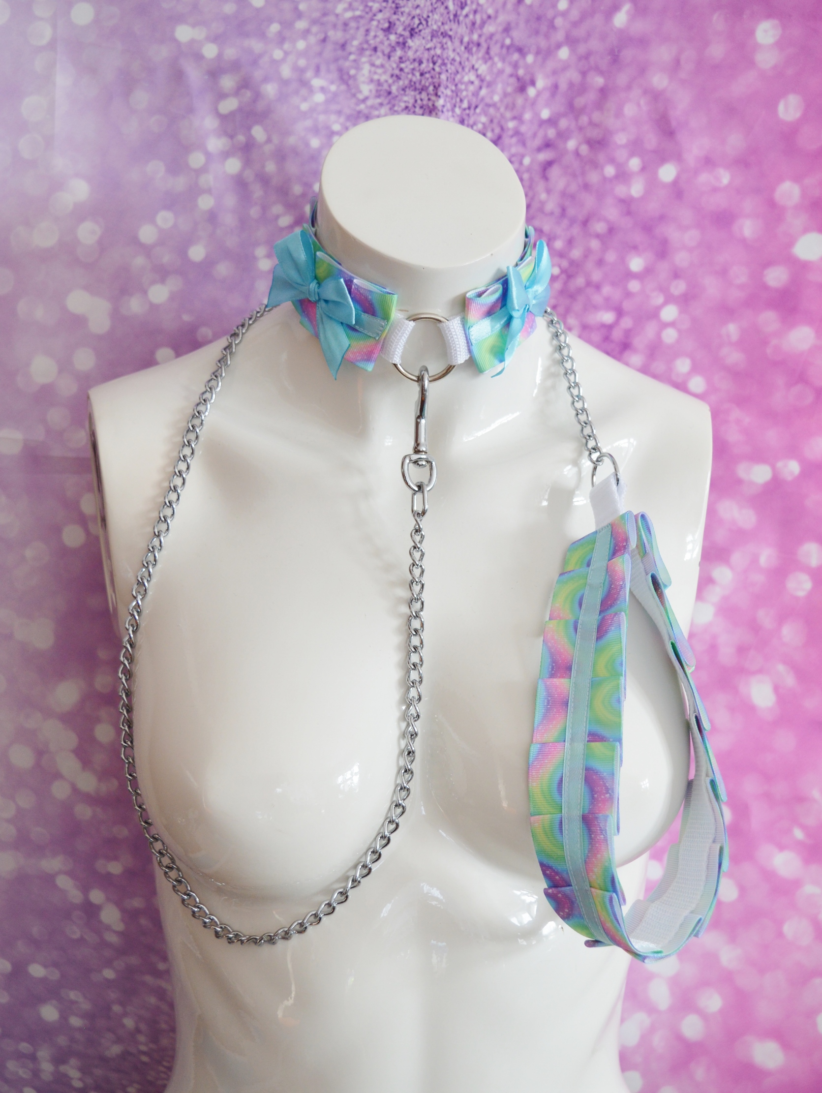 Made to Order - Kitten play collar and leash set - Chained Rainbow - Blue and Green choker necklace - Image 2