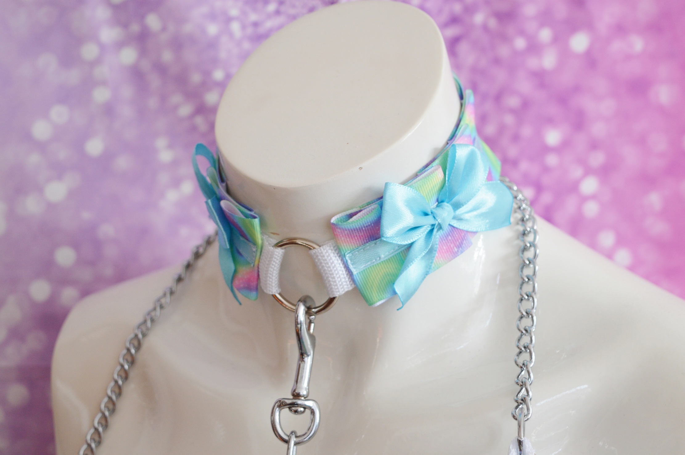 Made to Order - Kitten play collar and leash set - Chained Rainbow - Blue and Green choker necklace - Image 5