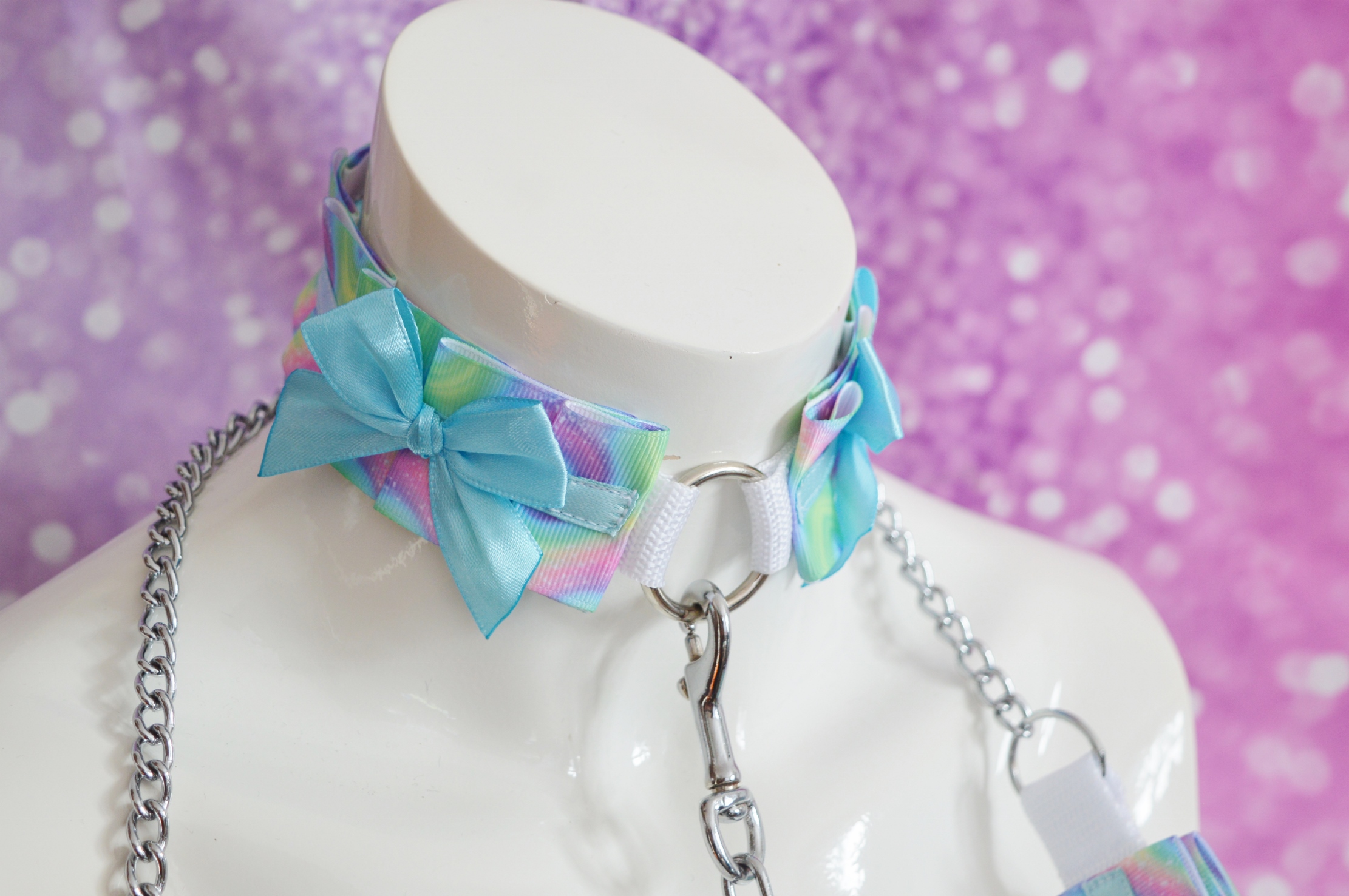 Made to Order - Kitten play collar and leash set - Chained Rainbow - Blue and Green choker necklace - Image 6