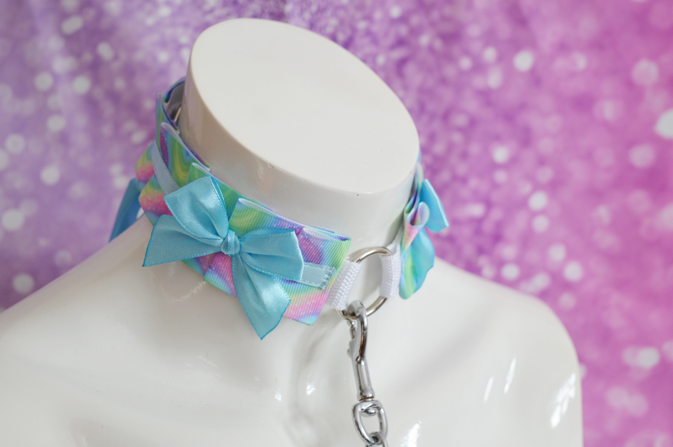 Made to Order - Kitten play collar and leash set - Chained Rainbow - Blue and Green choker necklace - Image 7