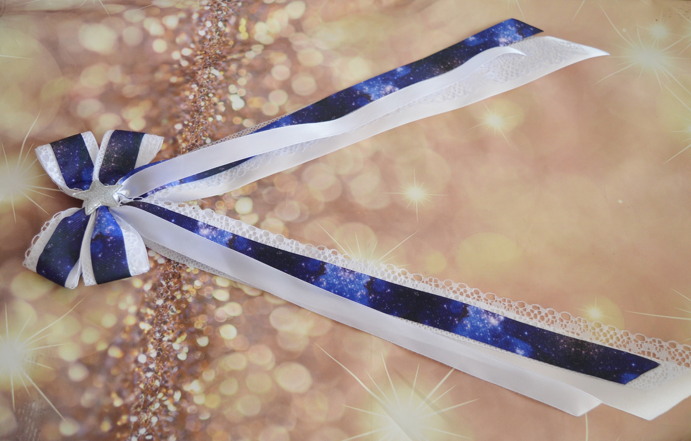 Made to Order - Hair bow - Blue galaxy printed with Star - Blue and white lolita kawaii hairbow - Image 2