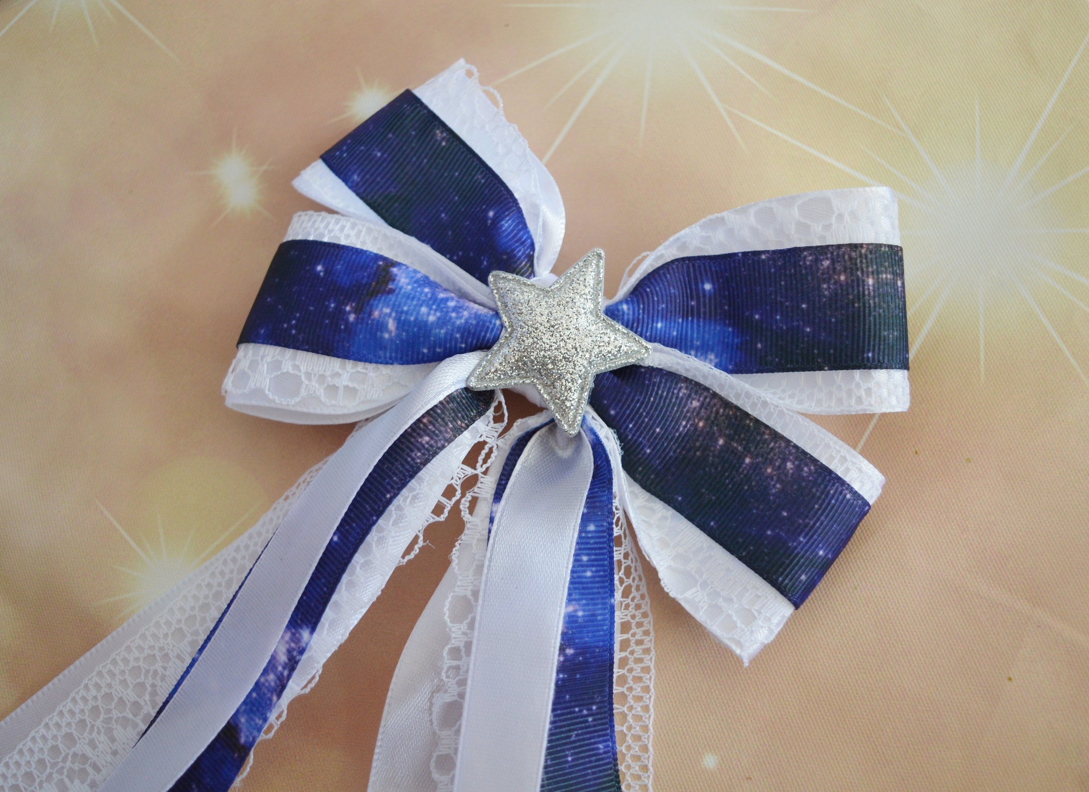 Made to Order - Hair bow - Blue galaxy printed with Star - Blue and white lolita kawaii hairbow - Image 5