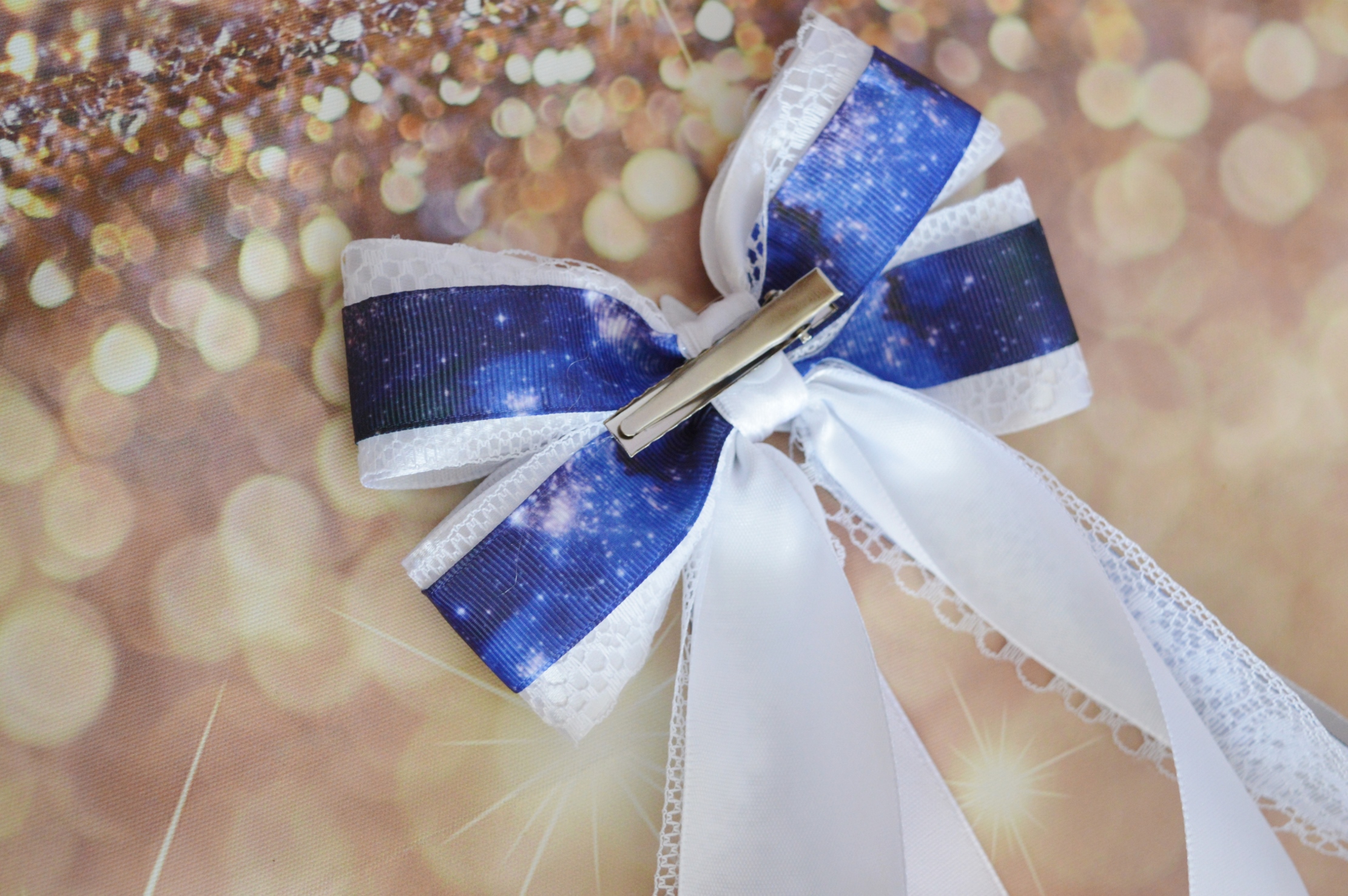 Made to Order - Hair bow - Blue galaxy printed with Star - Blue and white lolita kawaii hairbow - Image 4