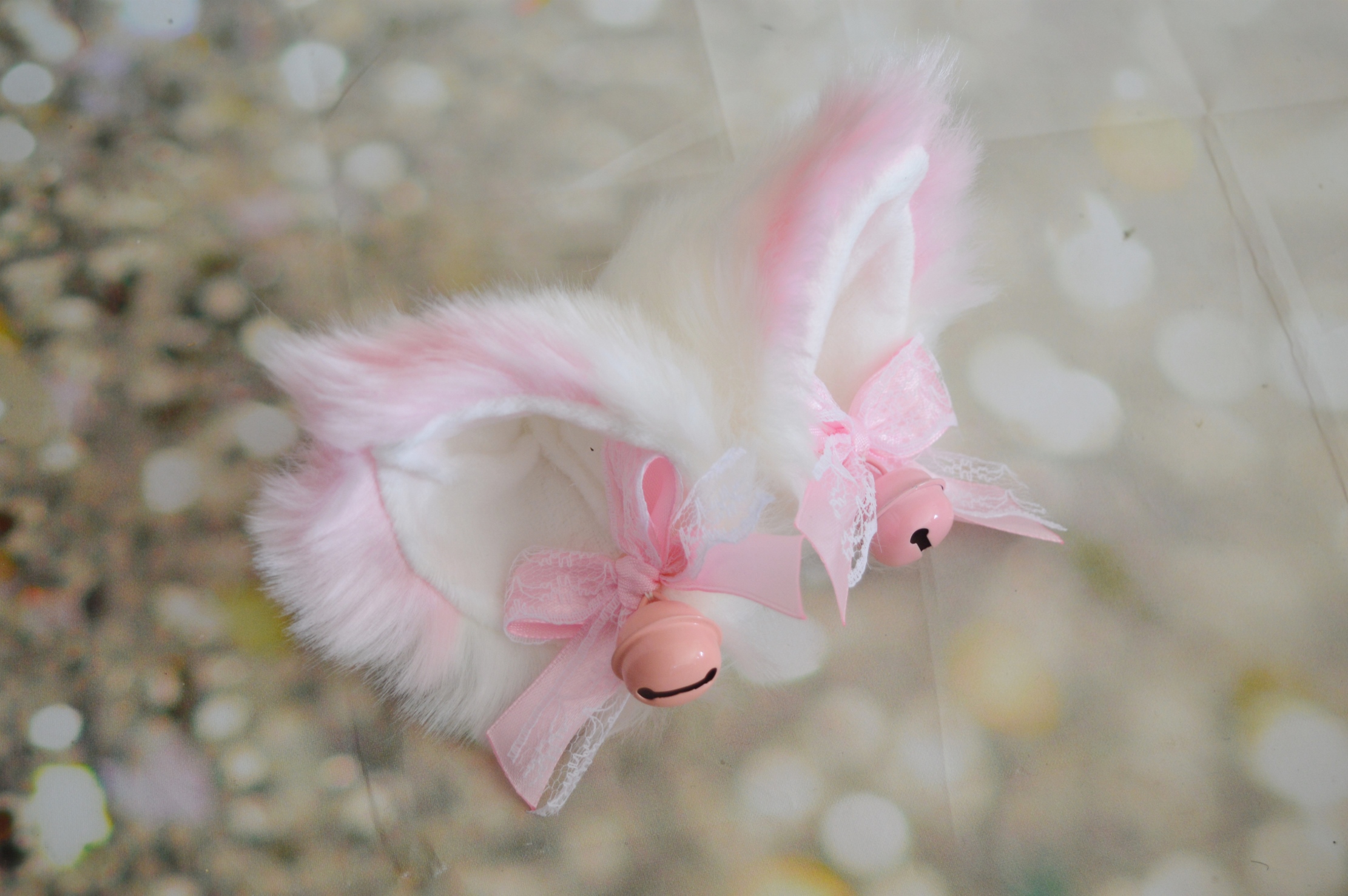 Premade - Kitten play clip on cat ears with bows and bells - Pink kitten play gear accessories - Image 2
