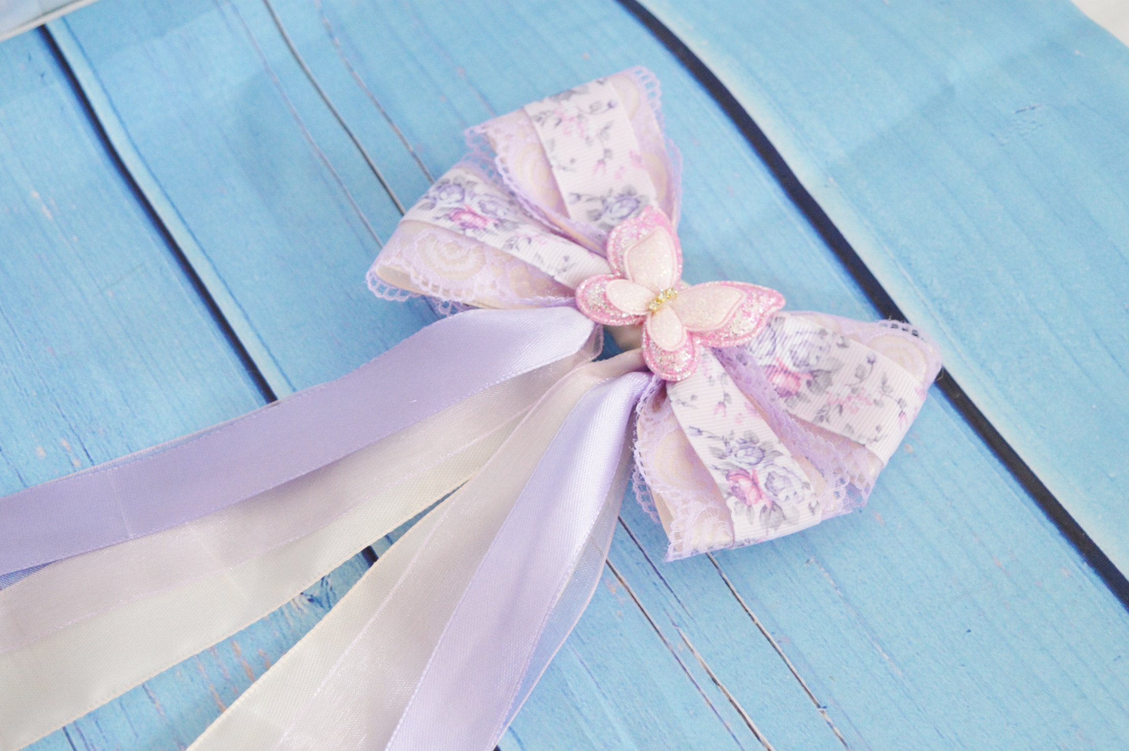 Made to Order - Hair bow w/ butterly - pastel pink violet - fairy kei decora lolita harajuku bow - Image 2