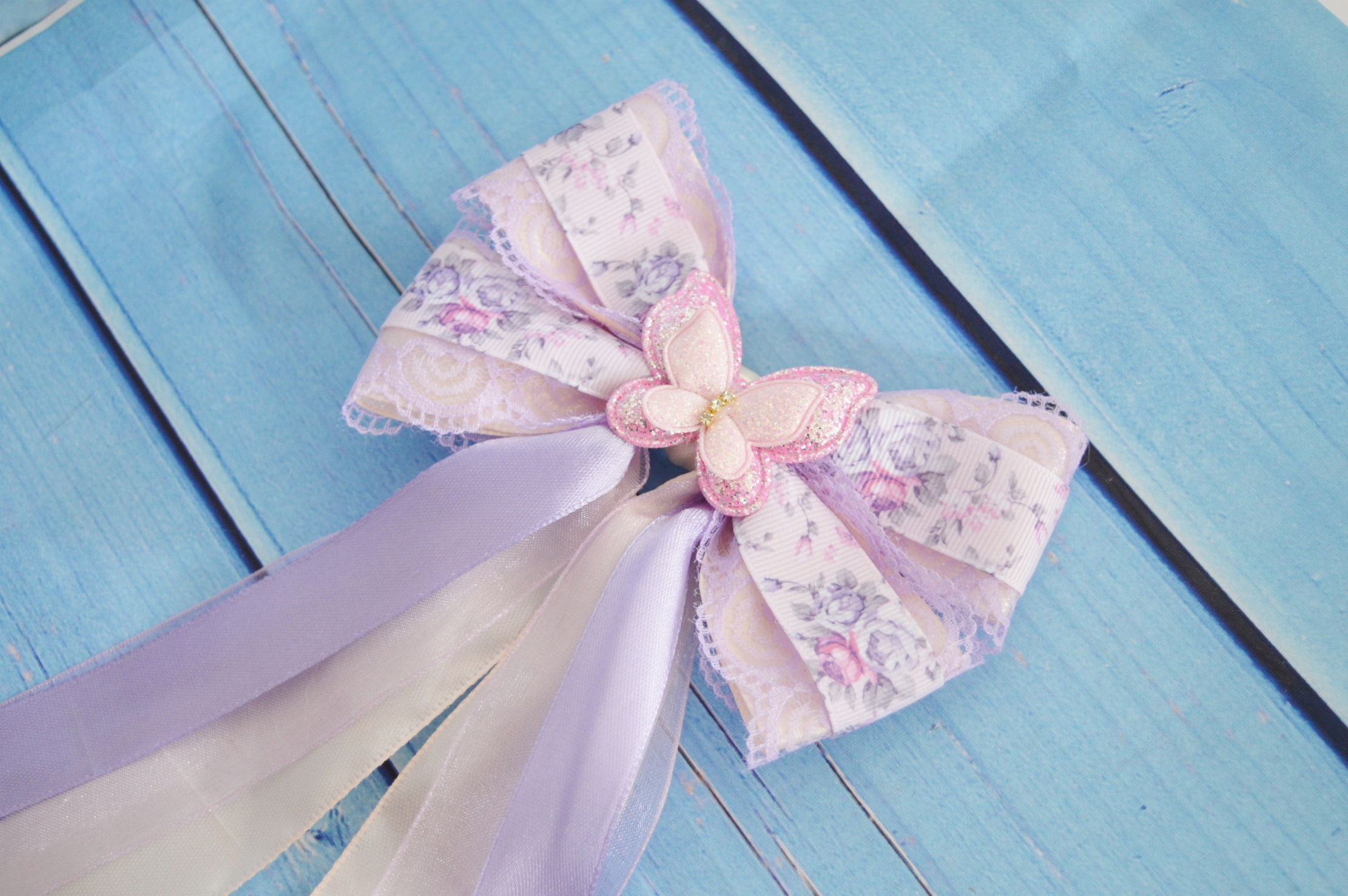 Made to Order - Hair bow w/ butterly - pastel pink violet - fairy kei decora lolita harajuku bow - Image 4