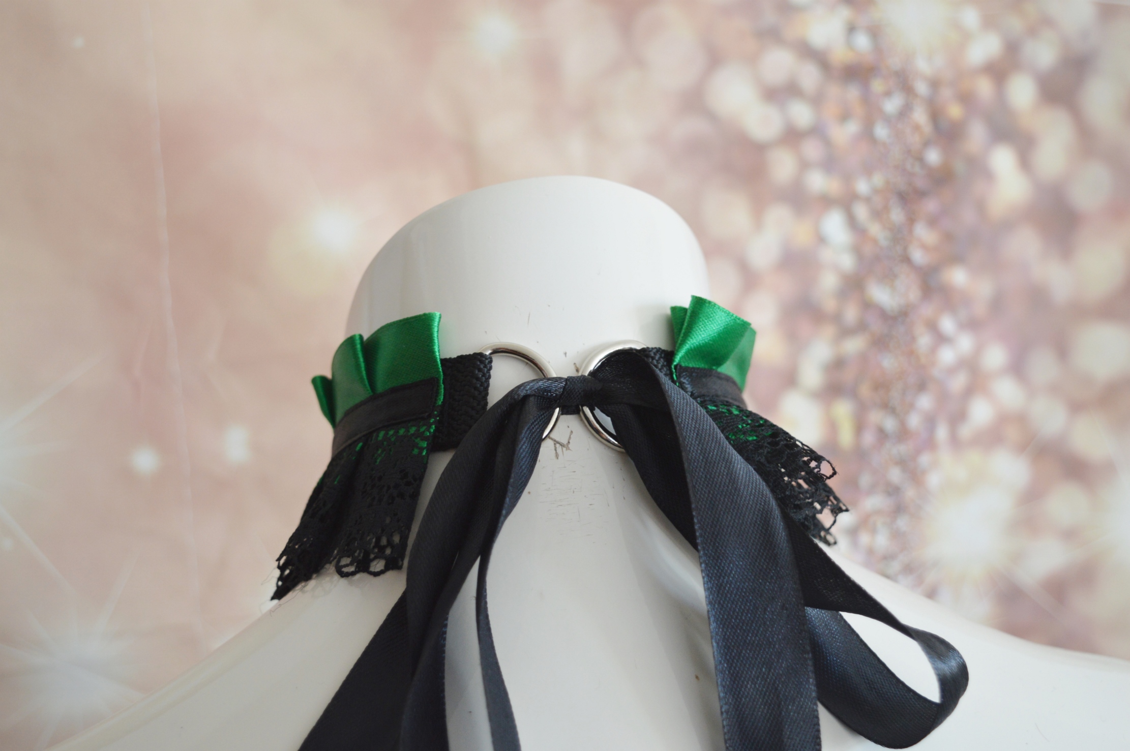 Premade Gothic kitty choker - Loki Princess - victorian collar necklace - fantasy lolita green satin lace choker - Nekollars - Image 3