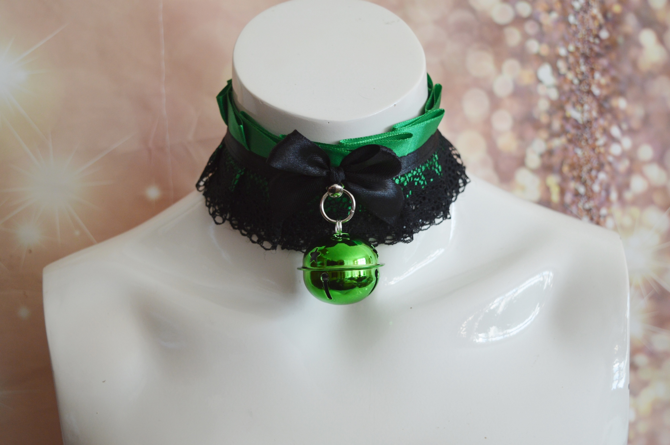 Premade Gothic kitty choker - Loki Princess - victorian collar necklace - fantasy lolita green satin lace choker - Nekollars - Image 4