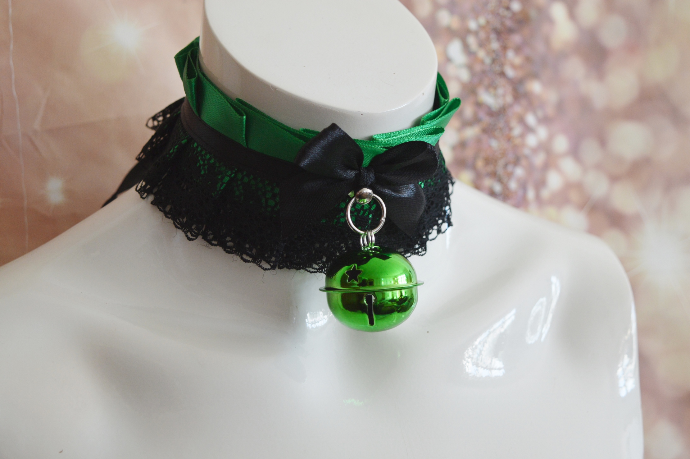 Premade Gothic kitty choker - Loki Princess - victorian collar necklace - fantasy lolita green satin lace choker - Nekollars - Image 5