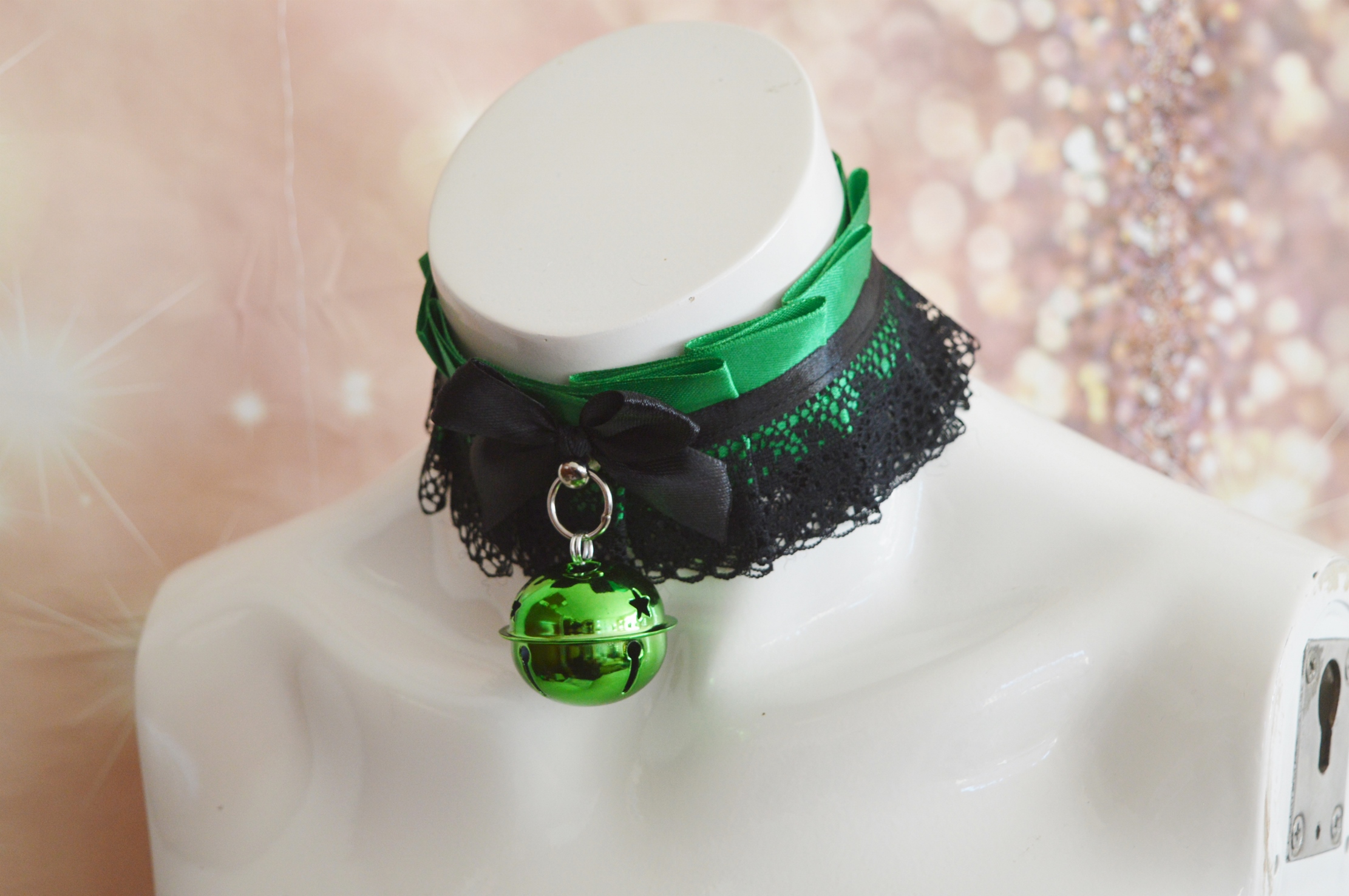 Premade Gothic kitty choker - Loki Princess - victorian collar necklace - fantasy lolita green satin lace choker - Nekollars - Image 6