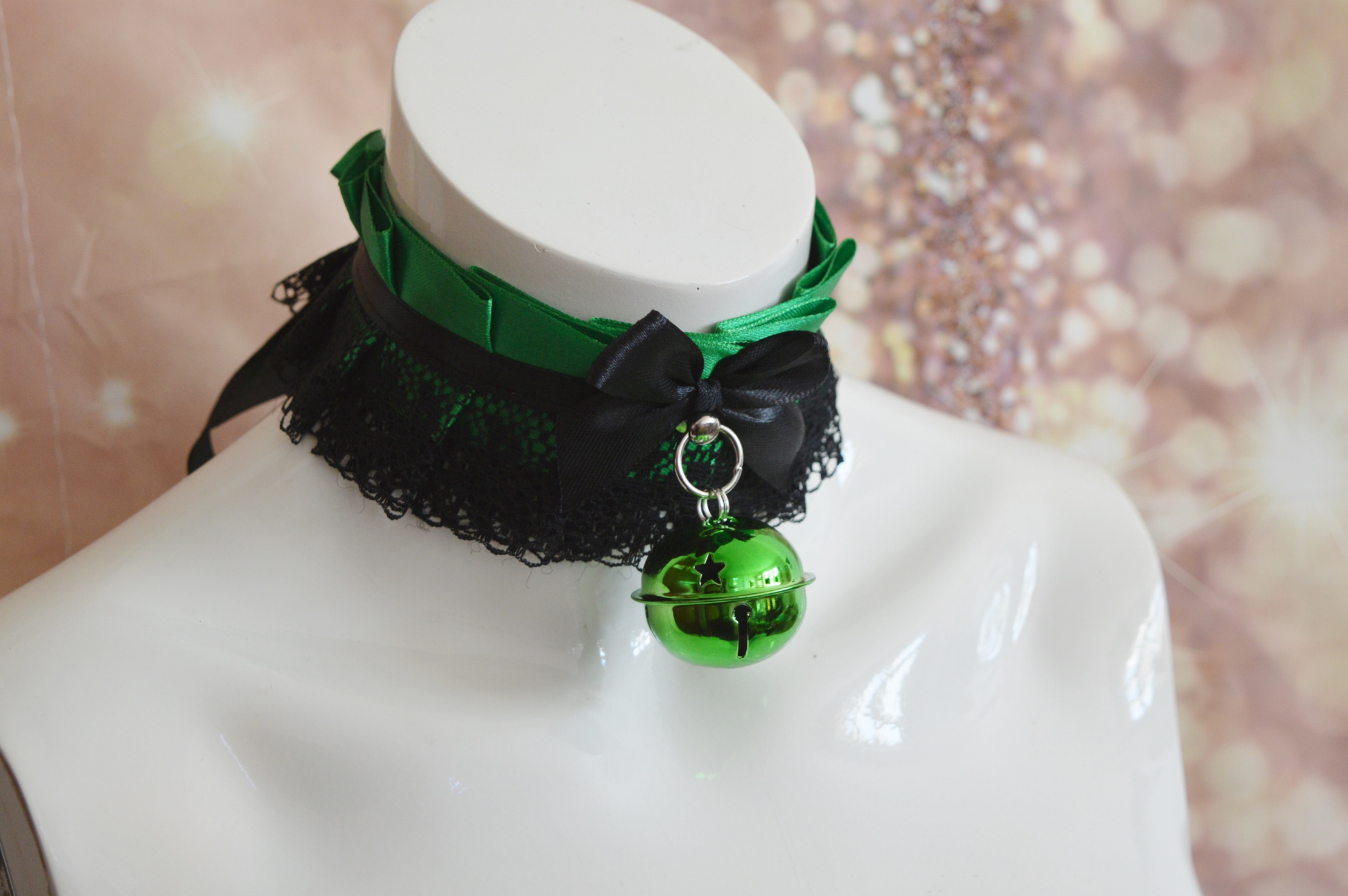 Premade Gothic kitty choker - Loki Princess - victorian collar necklace - fantasy lolita green satin lace choker - Nekollars - Image 7