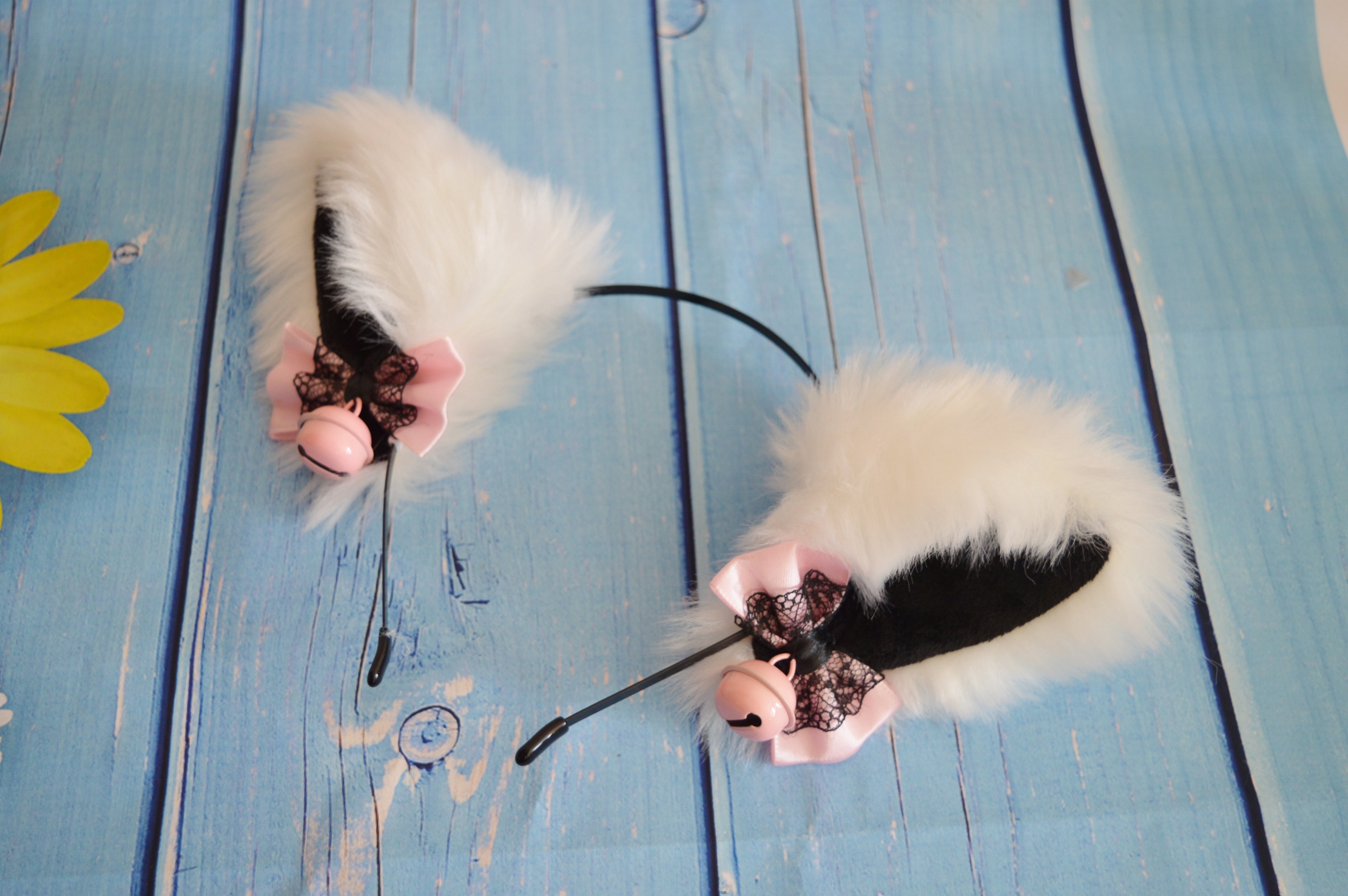 Premade - Kitten play headband cat ears w/ bows - kawaii neko lolita cosplay ears - Black & White - Image 4