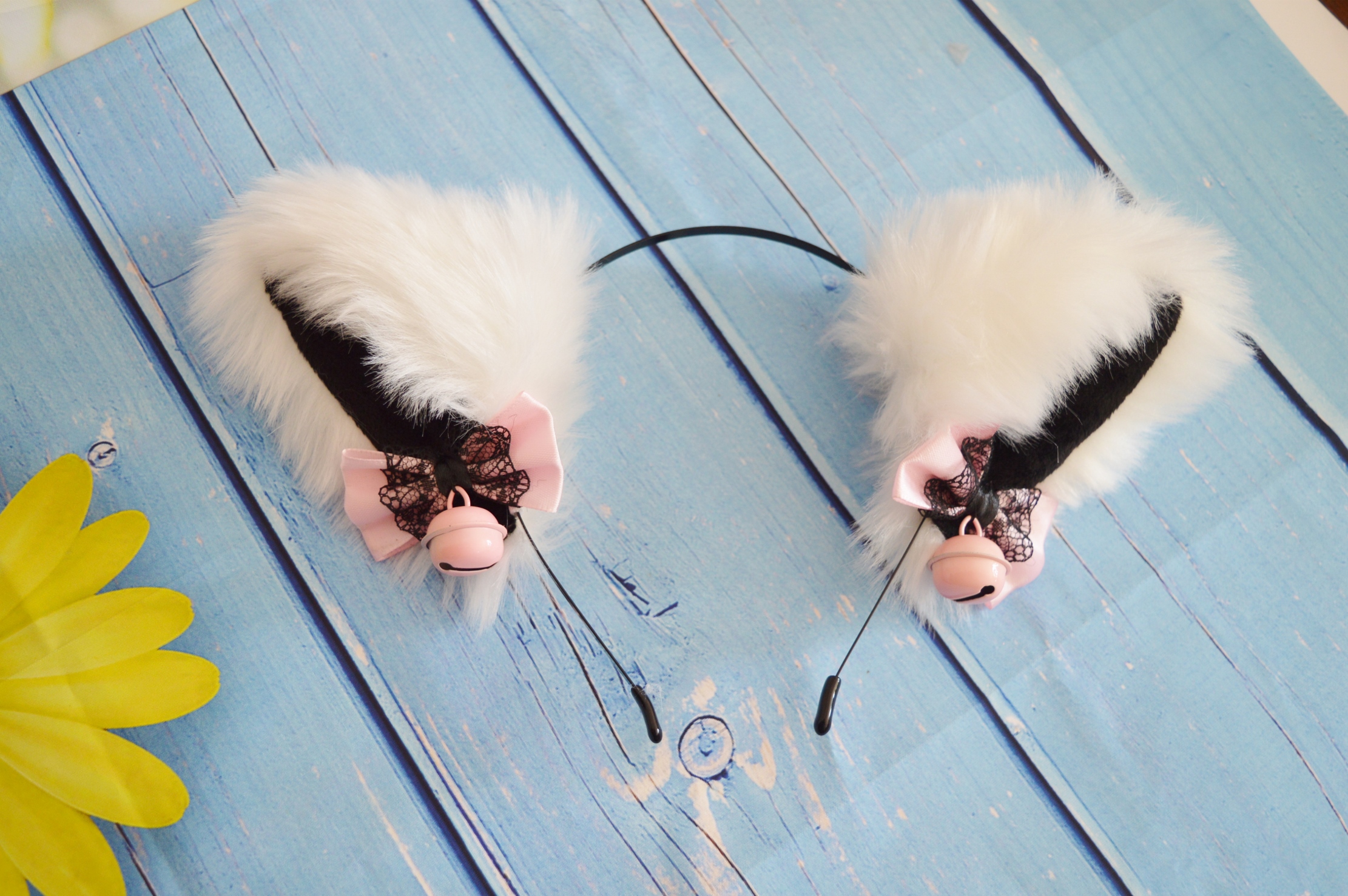 Premade - Kitten play headband cat ears w/ bows - kawaii neko lolita cosplay ears - Black & White - Image 5
