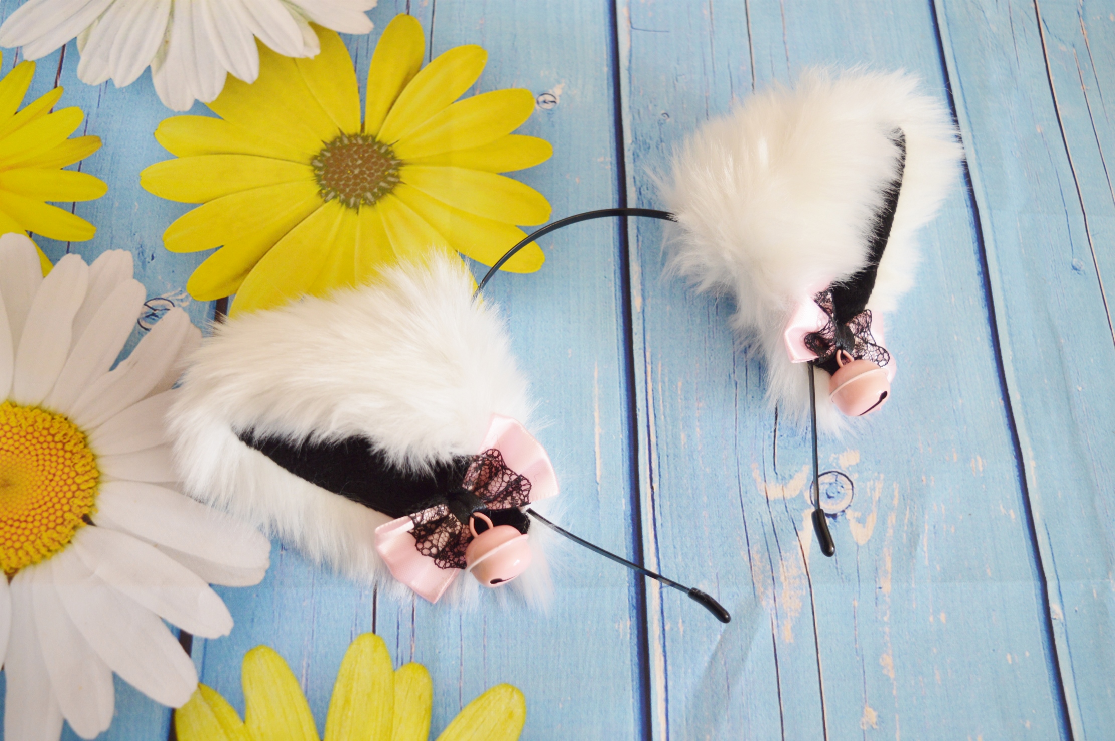 Premade - Kitten play headband cat ears w/ bows - kawaii neko lolita cosplay ears - Black & White - Image 6