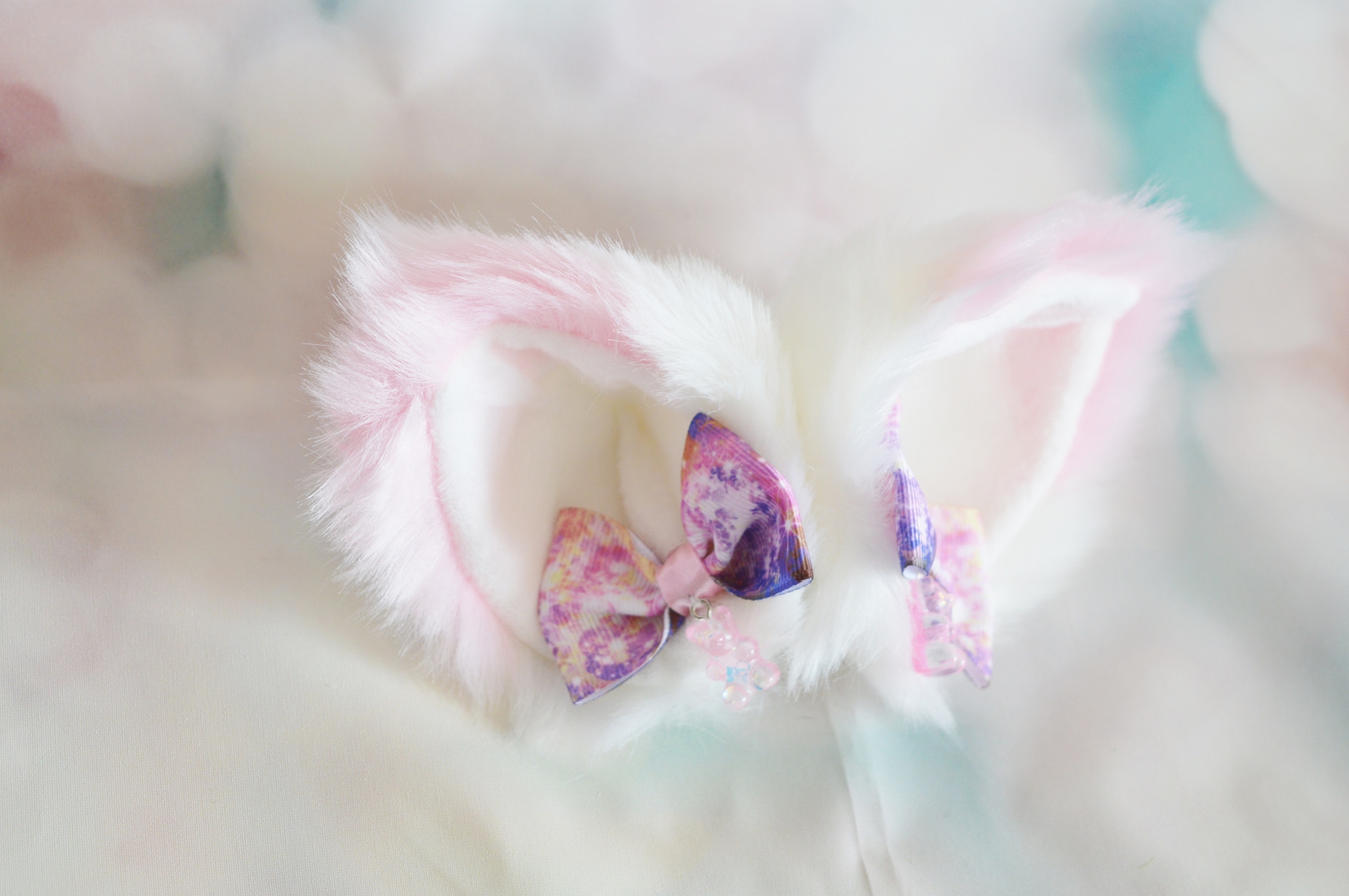 Premade - Two color Kitten play clip on cat ears with ribbon bows and bears by Nekollars - Image 3