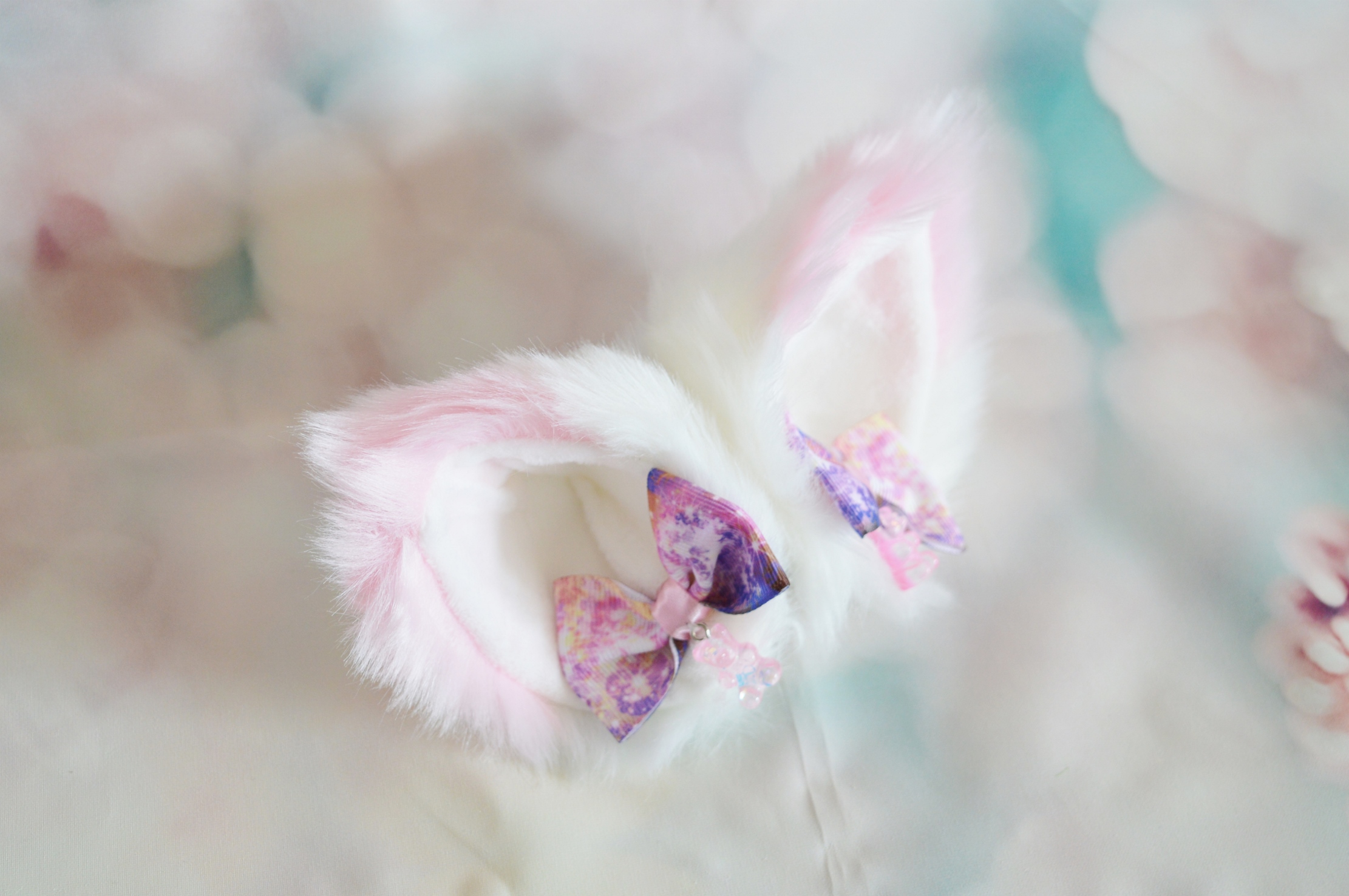 Premade - Two color Kitten play clip on cat ears with ribbon bows and bears by Nekollars - Image 5