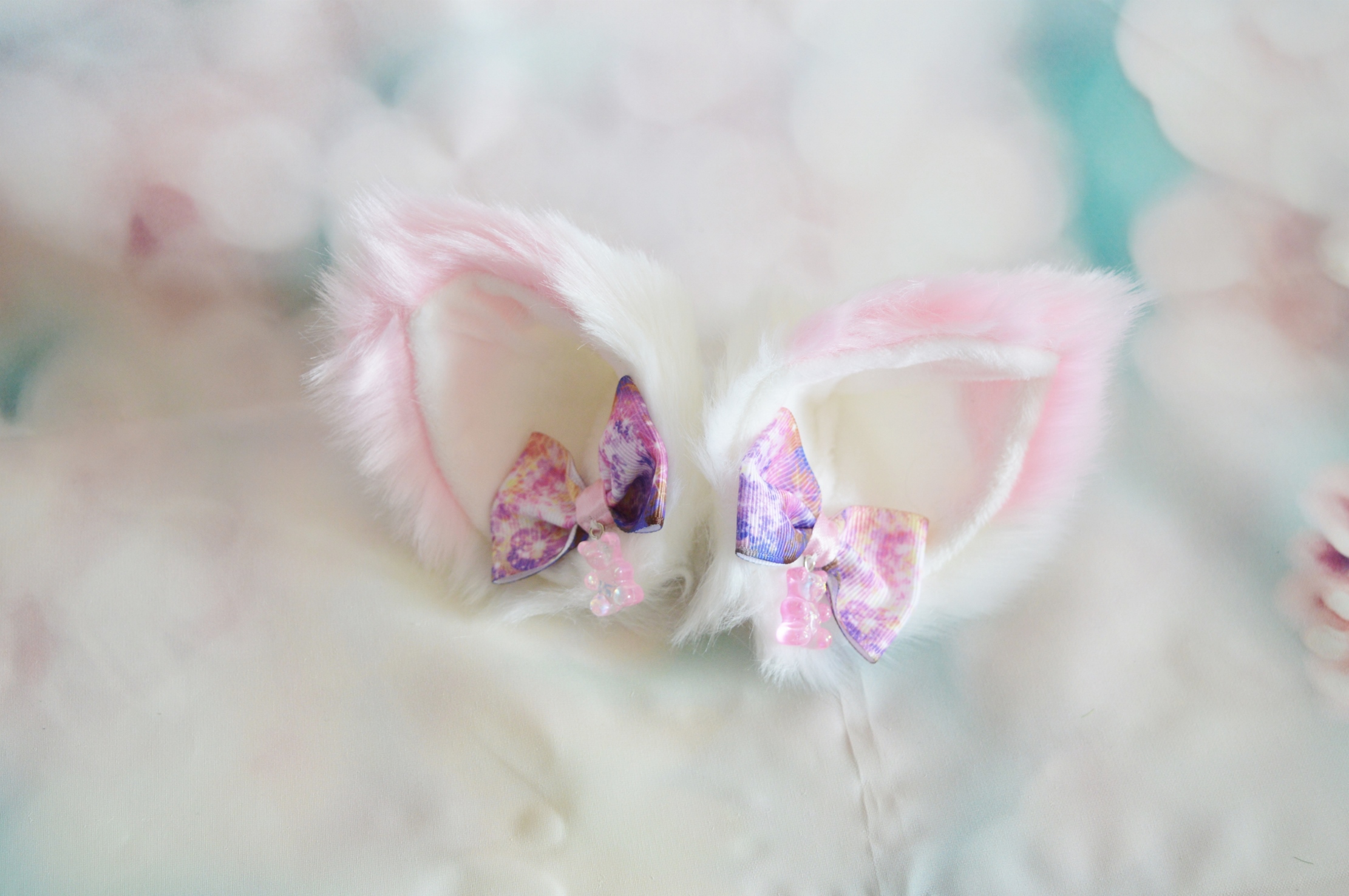 Premade - Two color Kitten play clip on cat ears with ribbon bows and bears by Nekollars - Image 6