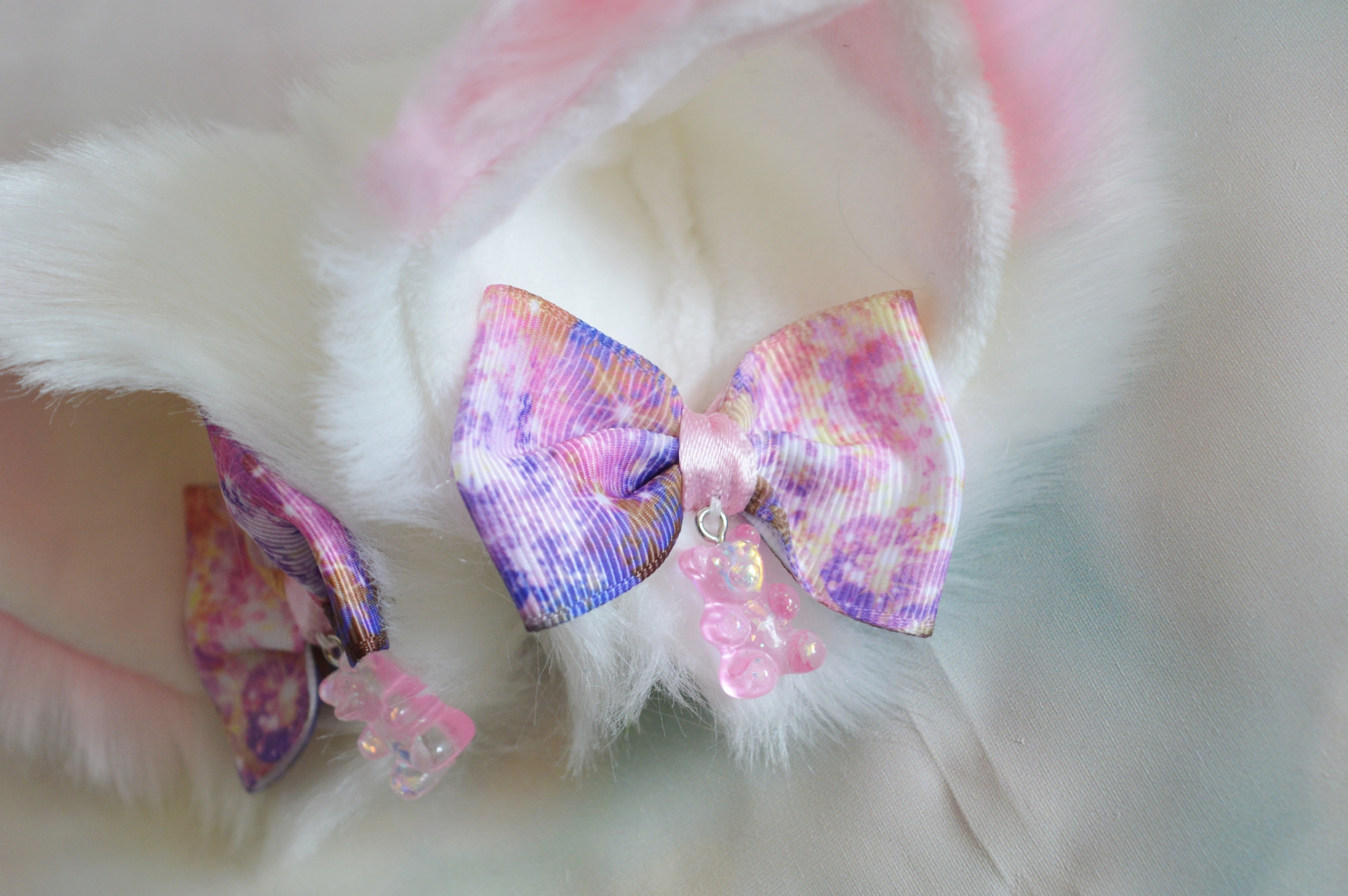 Premade - Two color Kitten play clip on cat ears with ribbon bows and bears by Nekollars - Image 7