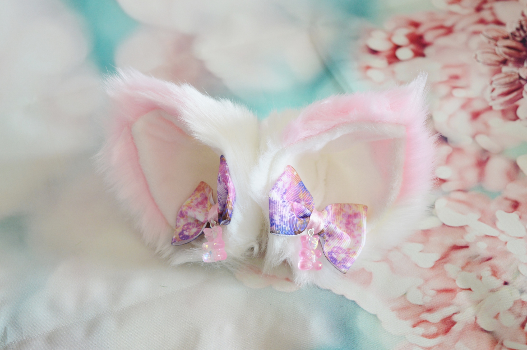 Premade - Two color Kitten play clip on cat ears with ribbon bows and bears by Nekollars - Image 8